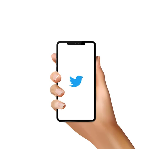 Logo de Twitter con la mano realista en la pantalla del iphone blanco. Kiev, Ucrania - 19 de enero de 2020 — Archivo Imágenes Vectoriales