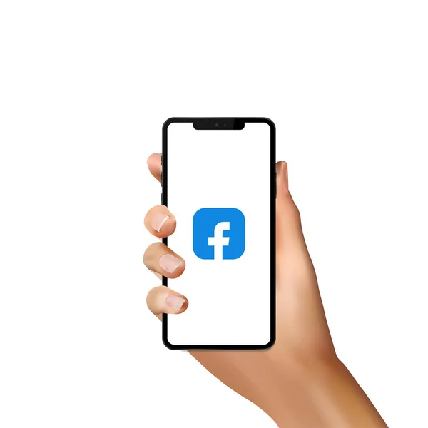 Facebook logó realisztikus kézzel fehér iphone képernyőn. Kijev, Ukrajna - január 19, 2020 — Stock Vector