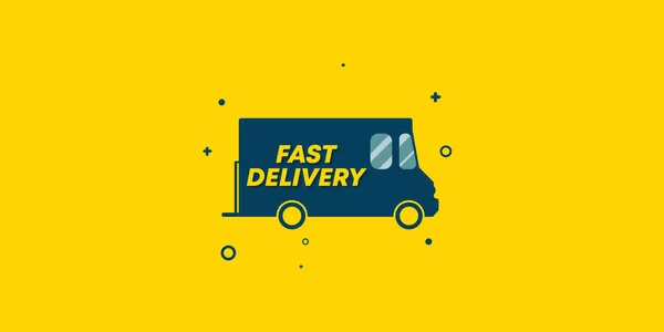 送货车开了 上面写着 24小时24小时速递 黄色背景下的食品运送车动画 — 图库矢量图片