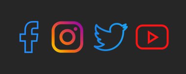 Facebook, Instagram, Twitter, Youtube - Popüler sosyal medya logosu koleksiyonu. Siyah arka plan. Editör vektörü. Kyiv, Ukrayna - 13 Mayıs 2020