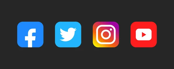 Facebook, Instagram, Twitter, Youtube - Popüler sosyal medya logosu koleksiyonu. Siyah arka plan. Editör vektörü. Kyiv, Ukrayna - 13 Mayıs 2020
