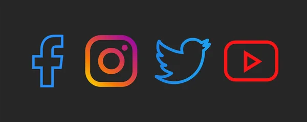 Facebook, Instagram, Twitter, Youtube - Popüler sosyal medya logosu koleksiyonu. Siyah arka plan. Editör vektörü. Kyiv, Ukrayna - 13 Mayıs 2020