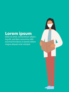Koruyucu maskeli kadın doktor bir hastanın kitabına bakar.