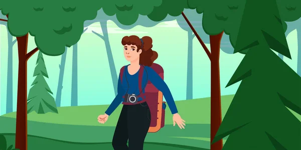 Dziewczyna Plecakiem Podróżnik Lub Odkrywca Spaceru Lesie Pojęcie Turystyki Przygodowej — Wektor stockowy