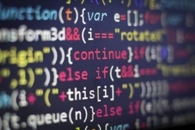 Minificated web geliştirme javascript kodu kapatın. Soyut bilgi dijital teknoloji modern arka plan. HTML5 kavramı makro zemin soğuk renklerde. Ekran web geliştirici.