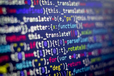 Minificated web geliştirme javascript kodu kapatın. Soyut bilgi dijital teknoloji modern arka plan. HTML5 kavramı makro zemin soğuk renklerde. Ekran web geliştirici.