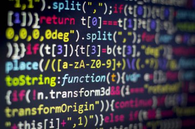 Minificated web geliştirme javascript kodu kapatın. Soyut bilgi dijital teknoloji modern arka plan. HTML5 kavramı makro zemin soğuk renklerde. Ekran web geliştirici.