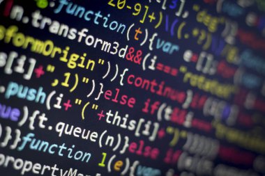 Minificated web geliştirme javascript kodu kapatın. Soyut bilgi dijital teknoloji modern arka plan. HTML5 kavramı makro zemin soğuk renklerde. Ekran web geliştirici.