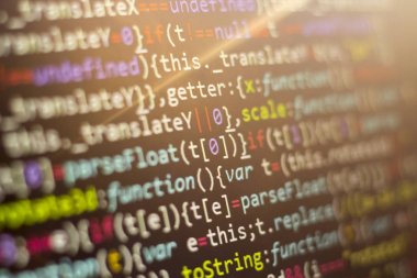 Minificated web geliştirme javascript kodu kapatın. Soyut bilgi dijital teknoloji modern arka plan. HTML5 kavramı makro zemin soğuk renklerde. Ekran web geliştirici.
