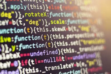 Minificated web geliştirme javascript kodu kapatın. Soyut bilgi dijital teknoloji modern arka plan. HTML5 kavramı makro zemin soğuk renklerde. Ekran web geliştirici.