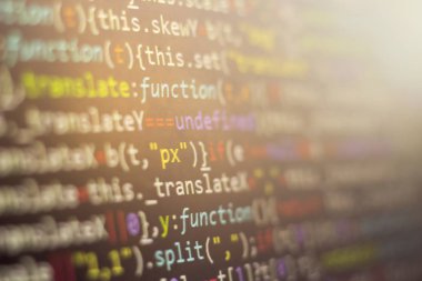 Minificated web geliştirme javascript kodu kapatın. Soyut bilgi dijital teknoloji modern arka plan. HTML5 kavramı makro zemin soğuk renklerde. Ekran web geliştirici.