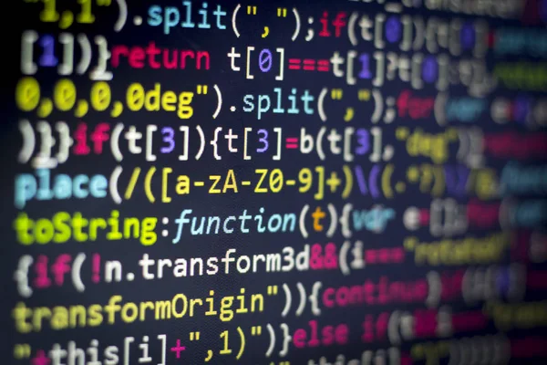 Minificated web development javascript code close up. Informação abstrata tecnologia digital fundo moderno. Contexto de macro conceito HTML5 em cores frias. Tela do desenvolvedor web . — Fotografia de Stock