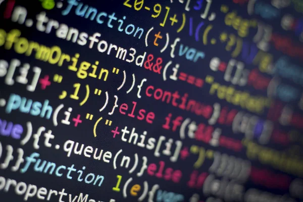 Minificated web geliştirme javascript kodu kapatın. Soyut bilgi dijital teknoloji modern arka plan. HTML5 kavramı makro zemin soğuk renklerde. Ekran web geliştirici.