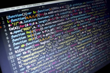 Web geliştirme javascript Html5 kodu kapatın. Soyut bilgi dijital teknoloji modern arka plan. Ağ web hacking. Ekran web geliştirici.