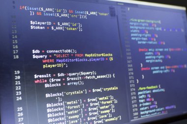 Web geliştirici Php ve Css3/daha az/Sass kodu kapatın. Veritabanı kodu bağlanma. Soyut bilgi teknoloji modern arka plan. Kavram ekran deneyimli Web geliştirmek