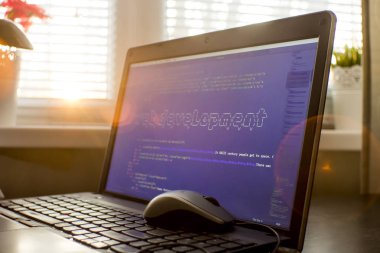 Web geliştirme ifade ASCII sanat gerçek Html kodu içinde. Web geliştirme kavramı üstünde perde. Soyut bilgi teknoloji modern arka plan. Dijital sanat. Kod başıma oluşturulur.
