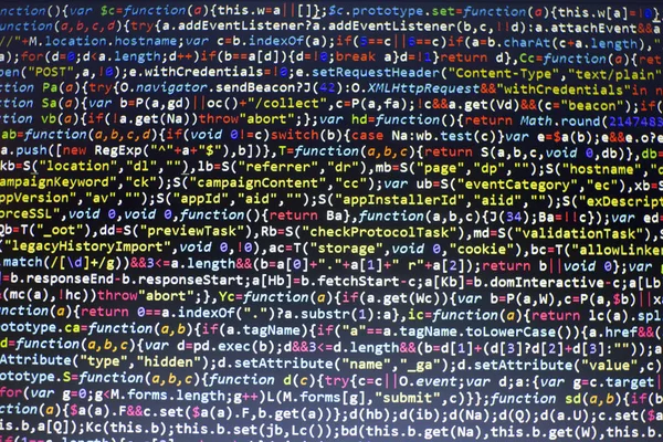 Desarrollo web javascript Código HTML5. Resumen de la tecnología de la información de fondo moderno. Piratería de redes. Líneas de código JS minificado. Pantalla del desarrollador web . — Foto de Stock