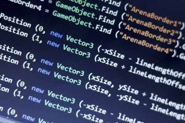 Software development C-Sharp (C#, .NET) code close up. Macro shot of game developer screen. Abstract information technology modern background.
