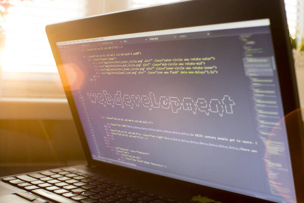 Web development phrase ASCII art inside real HTML code. Web developing concept on screen. Abstract information technology modern background. Digital art. Code is created by myself.