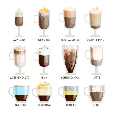 Farklı kafe içecekler kahve bardağı