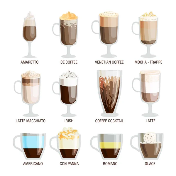 Tasses à café différentes boissons au café — Image vectorielle