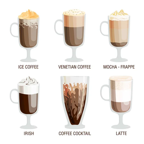Kávé csésze kávézó különböző italokat — Stock Vector