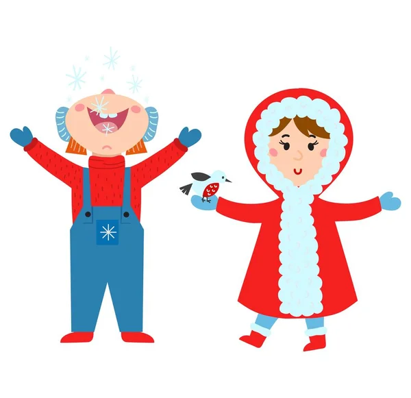 Christmas kids playing winter games vector. — Stock Vector