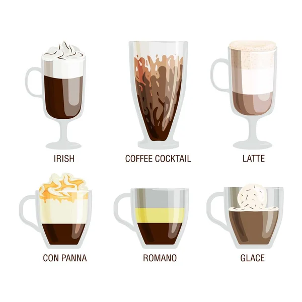 Tazas de café diferentes bebidas de café — Vector de stock