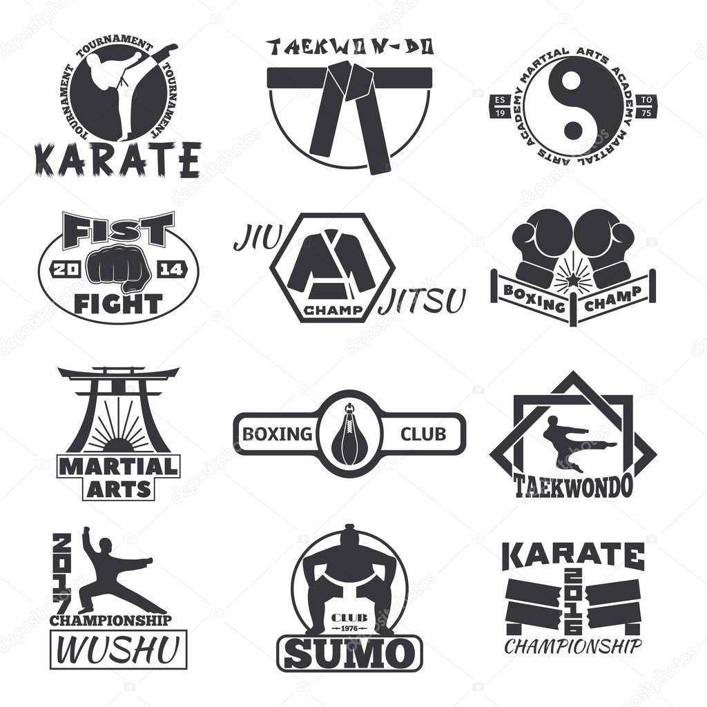 Set of vintage boxing emblems, labels, badges, logos and designed fight club logo elements. Fight club logo style sport boxing punch label martial. Vintage fist champion fight club logo.