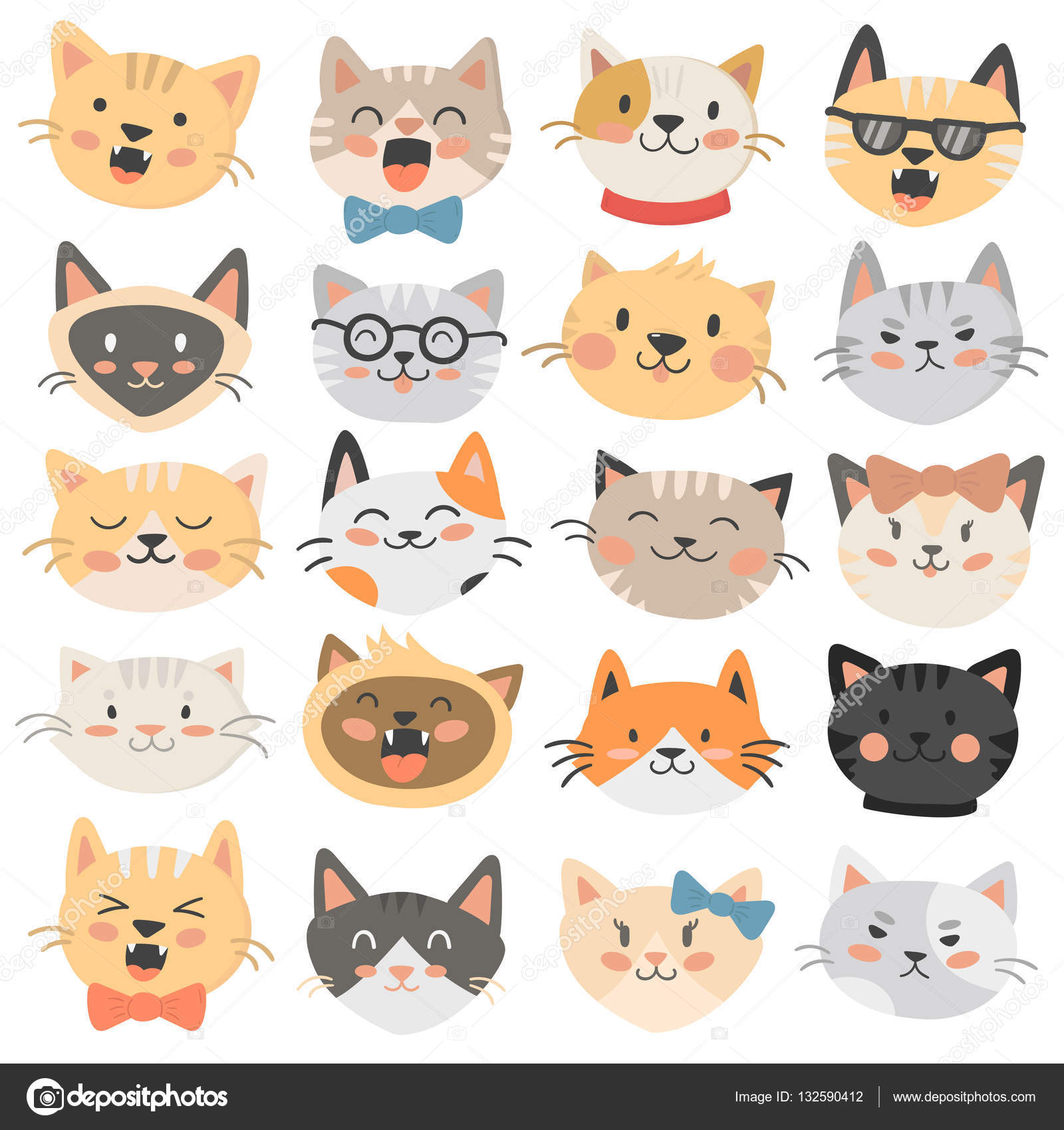 Vector Set Of Different Cartoon Cats Faces. Cartoon Animals Head