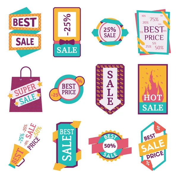 Conjunto de adesivos de venda comercial, elementos e emblemas — Vetor de Stock