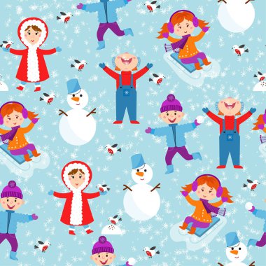 Kış çocuk Dikişsiz desen vektör çizim.