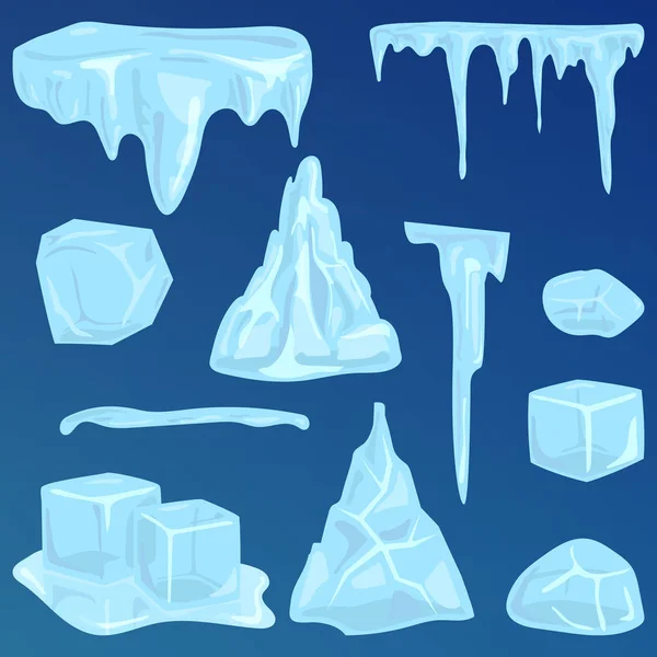 Set of ice caps snowdrifts and icicles elements winter decor vector. — Stock Vector
