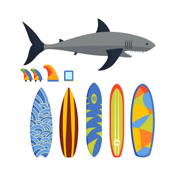 Tablas de surf vectorial y tiburón . — Vector de stock