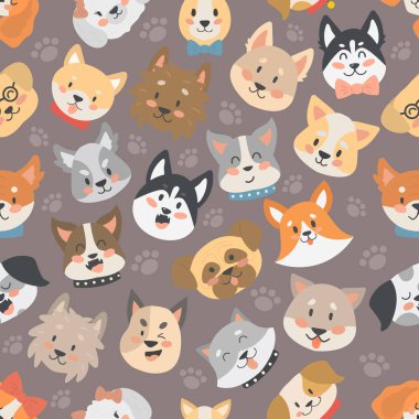 Köpek kafaları Dikişsiz desen arka plan vektör set.
