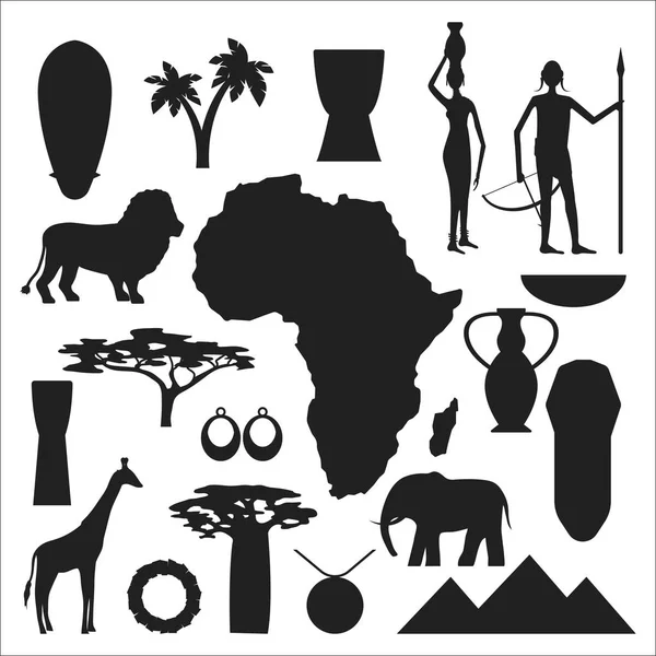 África símbolos y vector de viaje conjunto . — Vector de stock