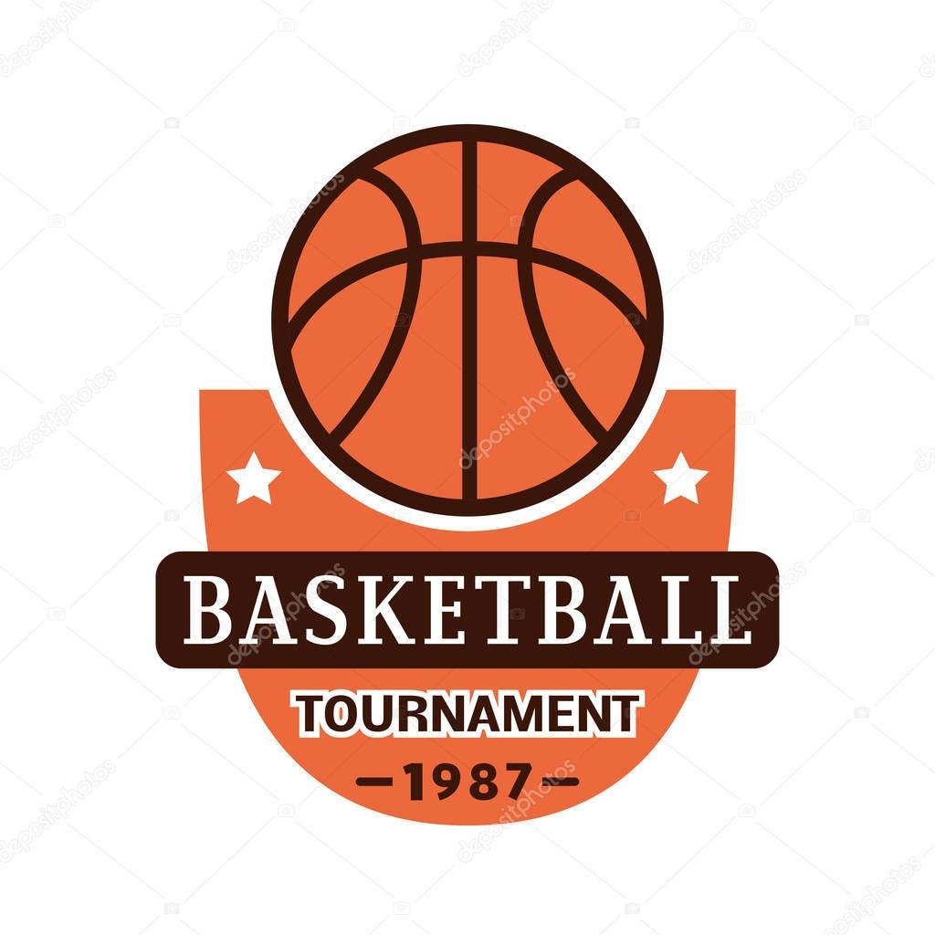 Basketball championship logo. Template for sport team with ball and symbols competition graphic champion badge. Vector club game element.