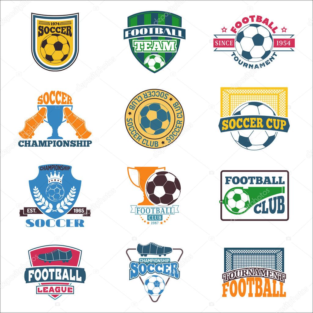 Set of european football, soccer labels, emblems and design championship elements. Vector logo tournament icon symbol. Team badge sport competition.