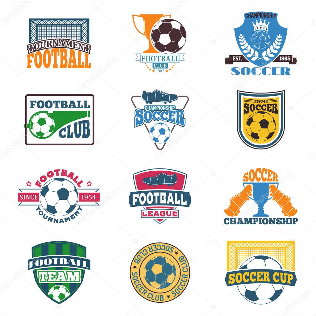 Set of european football, soccer labels, emblems and design championship elements. Vector logo tournament icon symbol. Team badge sport competition.