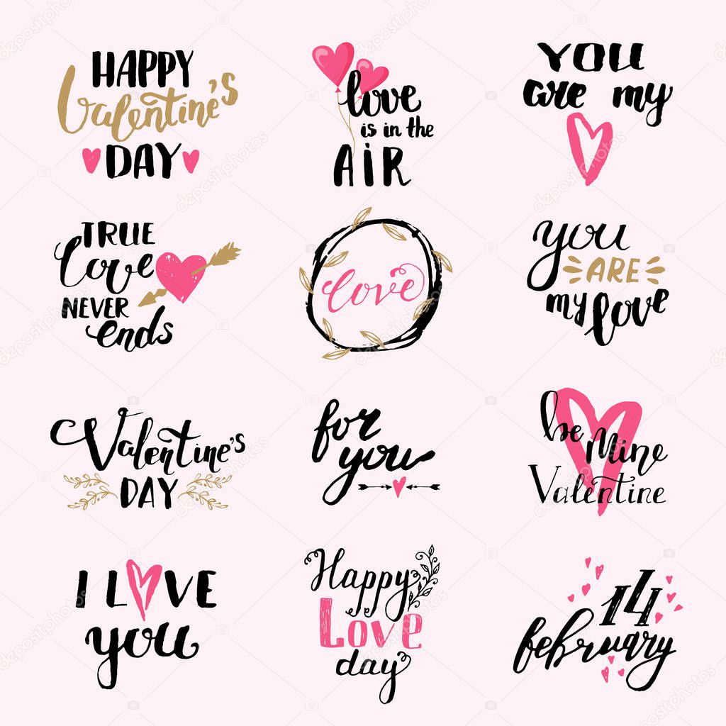I love You phrases Valentine Day print design vector set.