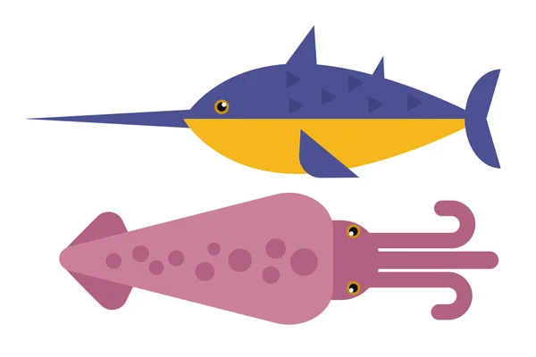 Tintenfisch Farbe Meer Tiere Design flache Vektor Illustration. — Stockvektor
