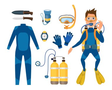 Balık avı dalış ekipmanları vektör set.