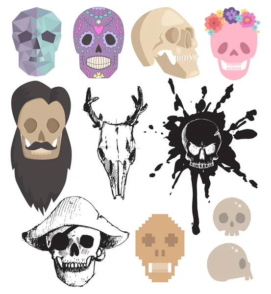 Diferentes calaveras estilo caras vector ilustración . — Vector de stock