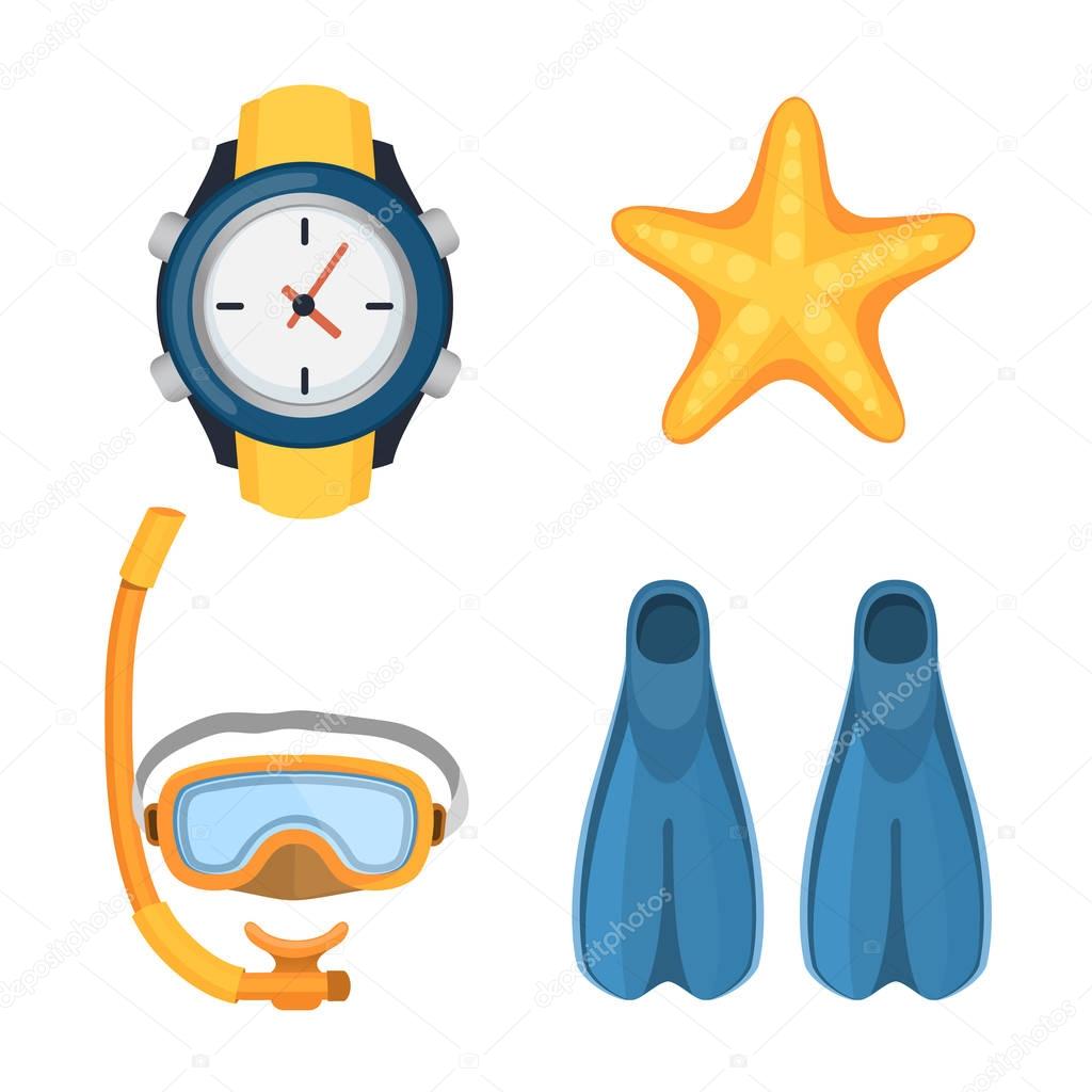 Diving flippers, clock and starfish isolated on white vector illustration.