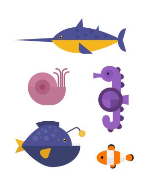 Deniz hayvanları deniz yaşamı karakter vektör çizim.