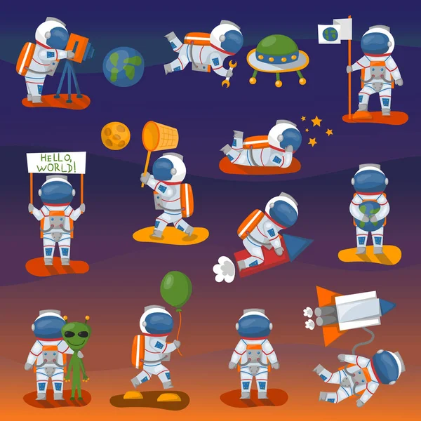 Verschillende vormen van astronaut van vector teken in de ruimte — Stockvector
