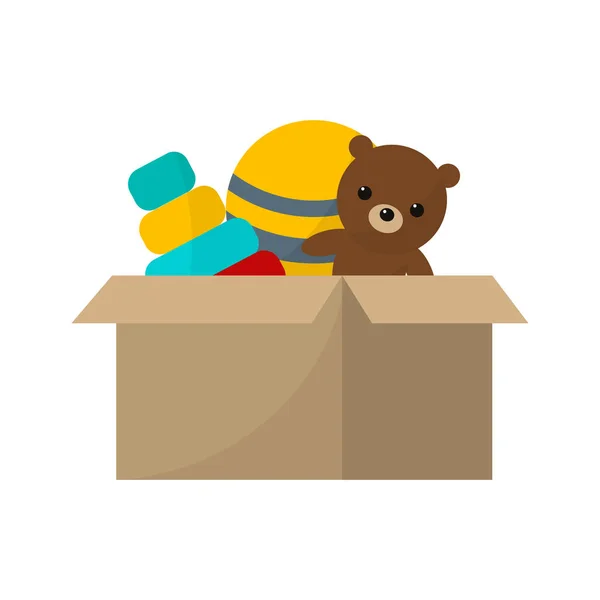 Caja de juguetes con el oso de peluche vector ilustración de dibujos animados . — Vector de stock