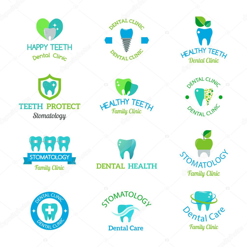 Vector logo dental protection template illustration. Abstract stomatology mouth blue graphic oral element. Whitening implant concept toothache silhouette.