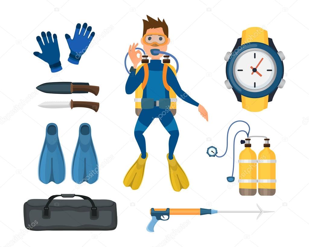 Spearfishing diving equipment vector set.