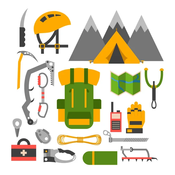 Ensemble de vecteurs d'équipement de trekking d'escalade . — Image vectorielle